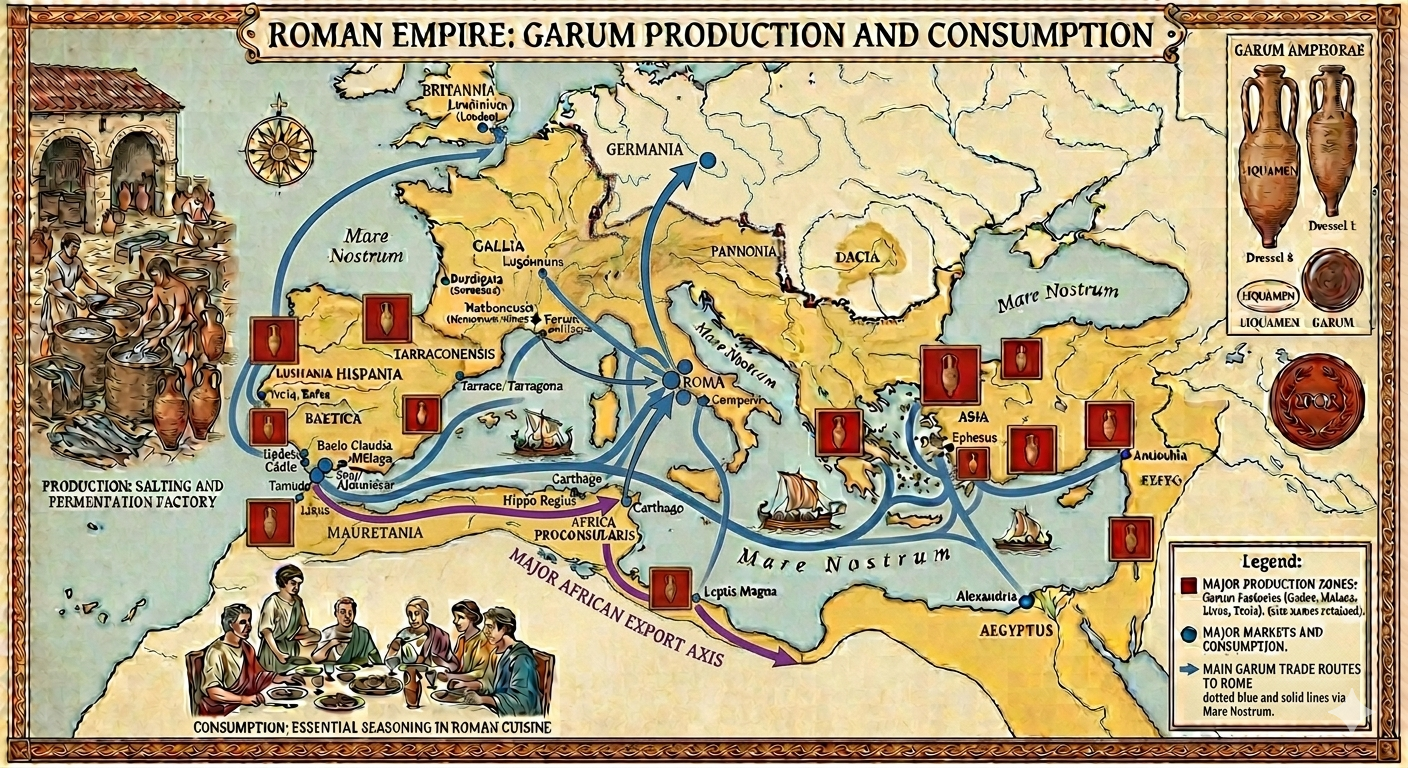 Roman Garum production zones and major trade routes across the Mediterranean